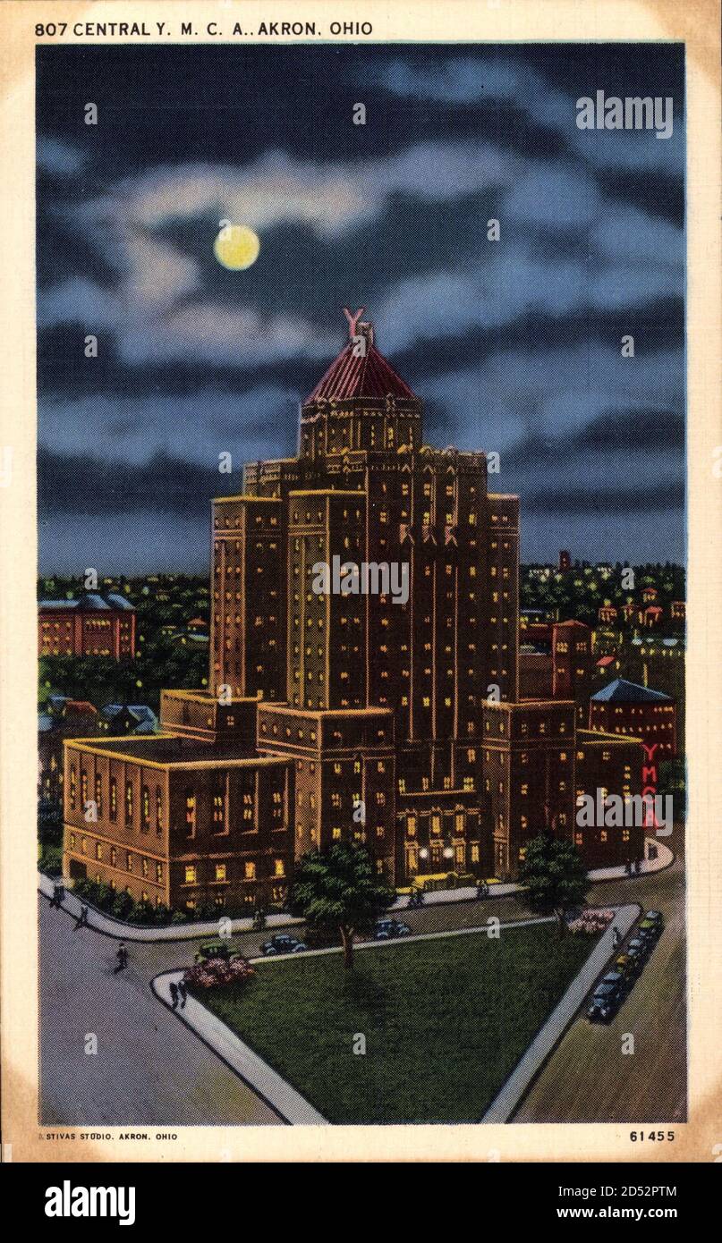 ron Ohio USA, Central Y. M. C. A. costruzione, luna, automobili, vista stradale | utilizzo in tutto il mondo Foto Stock