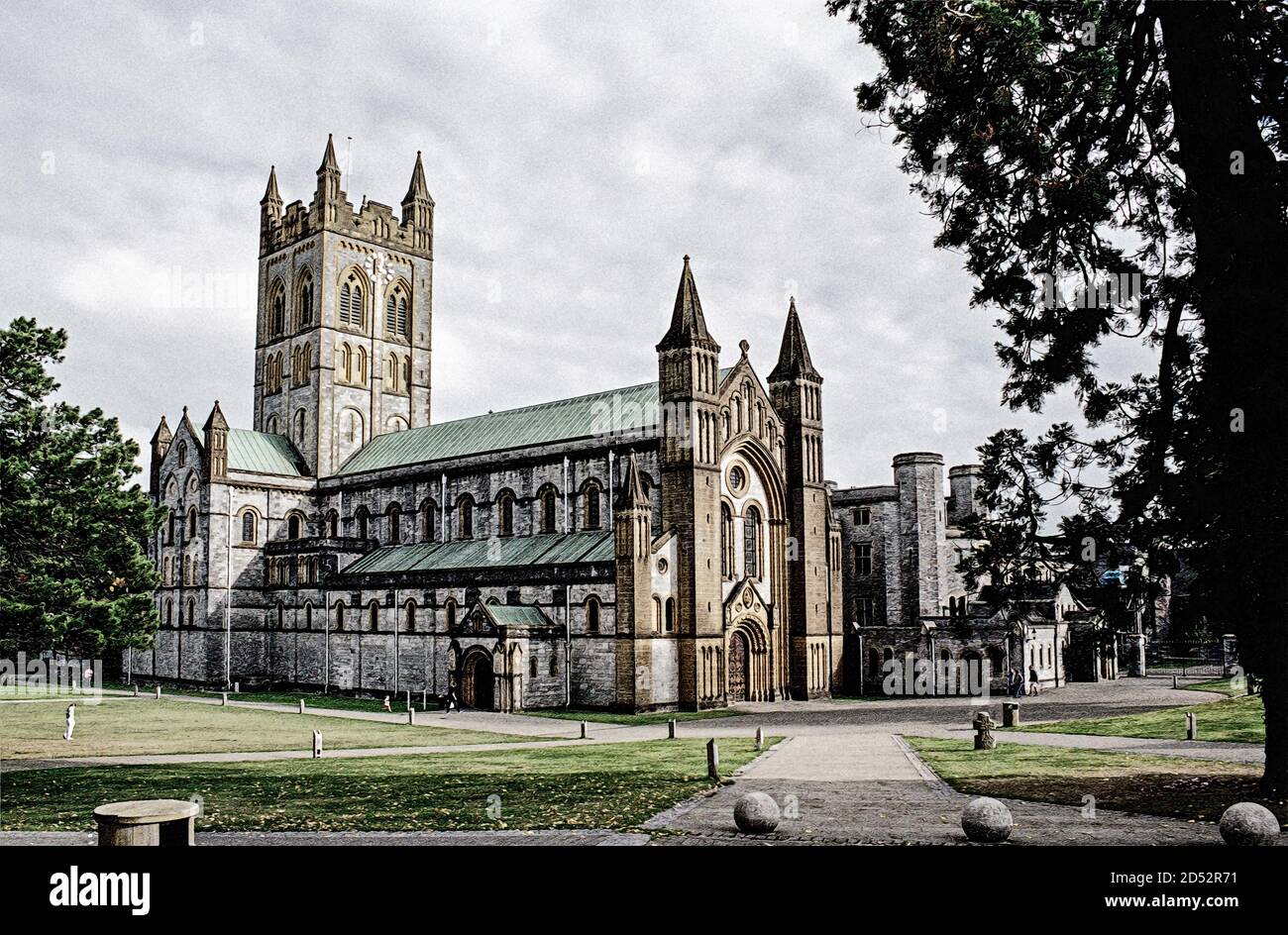 Foto dell'esterno di Buckfast Abbey, Devon nel 2003. Un'abbazia benedettina con chuch, famosa per il suo vino Tonic Buckfast. Scansionato da Foto Stock