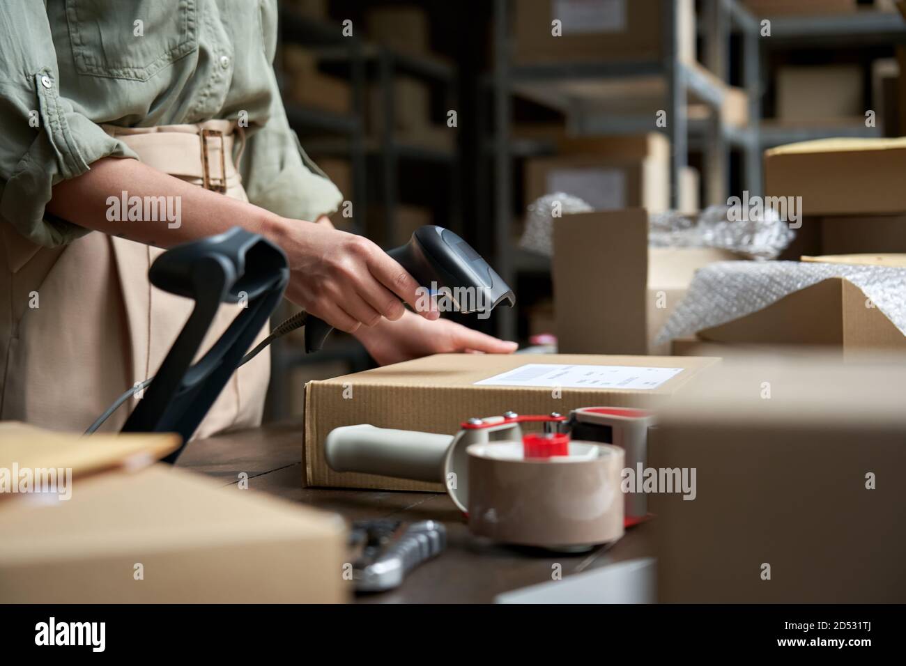 Venditore femminile scansione ecommerce scatola di spedizione in dropshipping magazzino. Foto Stock