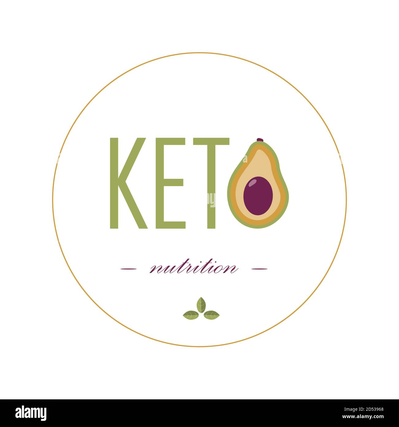 Il logo e l'emblema della nutrizione chetogenica, dieta chetogenica. Cerchio con le parole keto e avocado. Un segno per una dieta ricca di grassi e un'alimentazione sana. Un segno per un luogo o un deposito dell'annuncio. Illustrazione Vettoriale