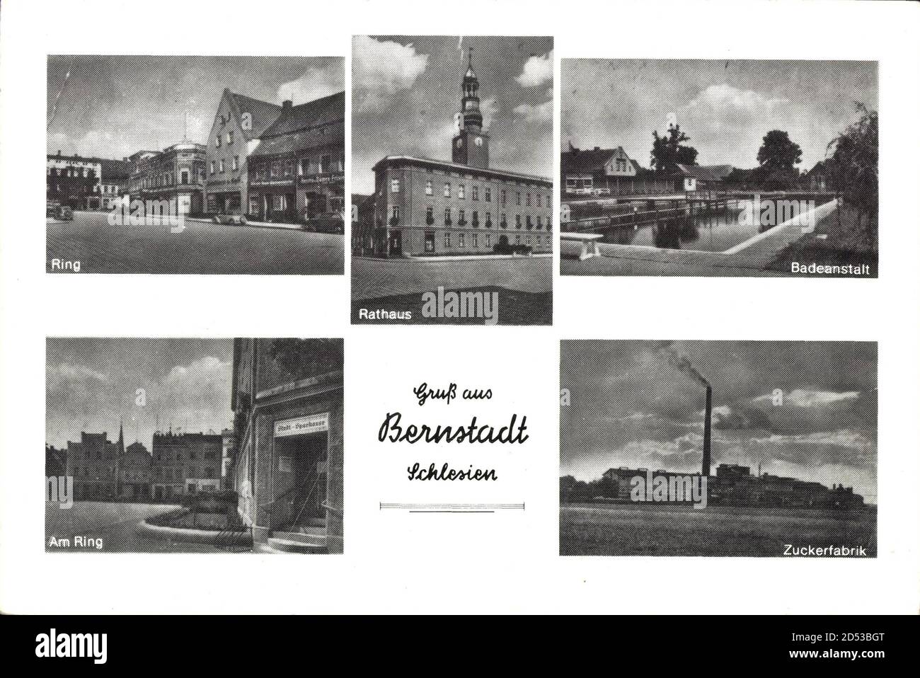 BIERUTÓW Bernstadt Schlesien, Rathaus, Ring, Zuckerfabrik, Badeanstalt | utilizzo in tutto il mondo Foto Stock