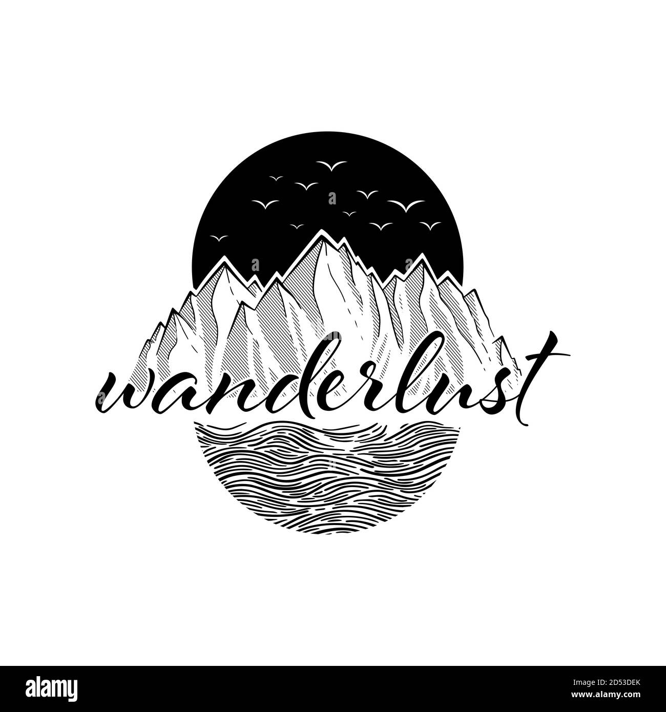 Wanderlust avventura cerchio icona con uccelli. Montagna e mare nero su bianco. Illustrazione del vettore nero Illustrazione Vettoriale