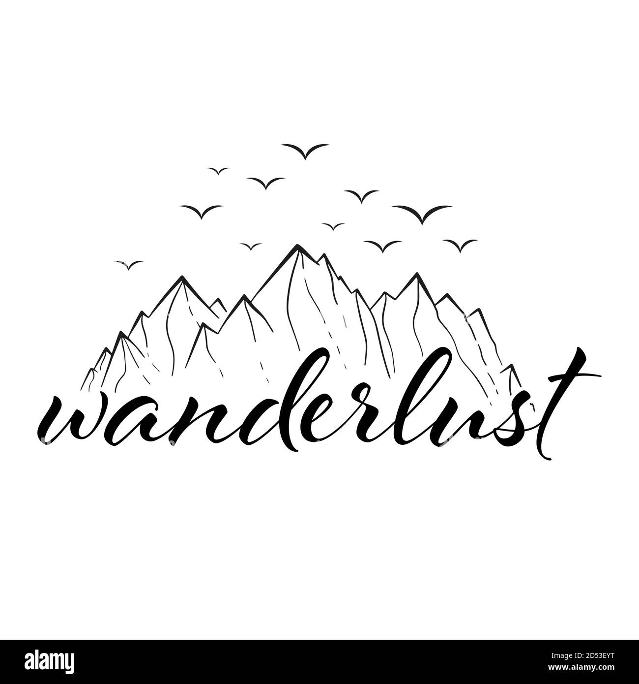 Wanderlust montagna nero su bianco. Avventura icona di viaggio con uccelli. Illustrazione vettoriale. . Illustrazione vettoriale Illustrazione Vettoriale