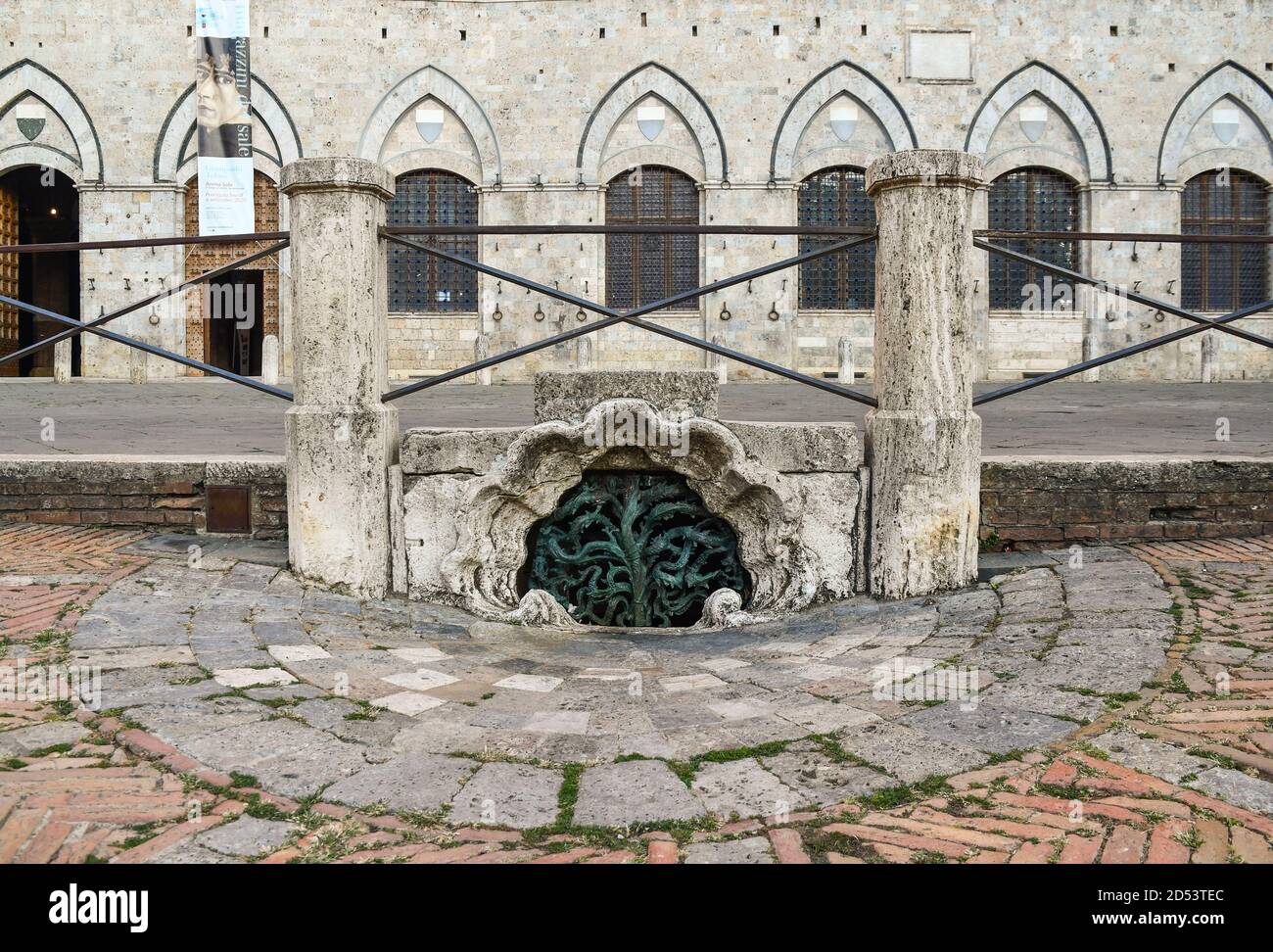 Scarico d'acqua a conchiglia con griglia a forma di albero in Piazza del campo di fronte al municipio di Palazzo pubblico, UNESCO W. H. Site, Siena, Toscana, Italia Foto Stock