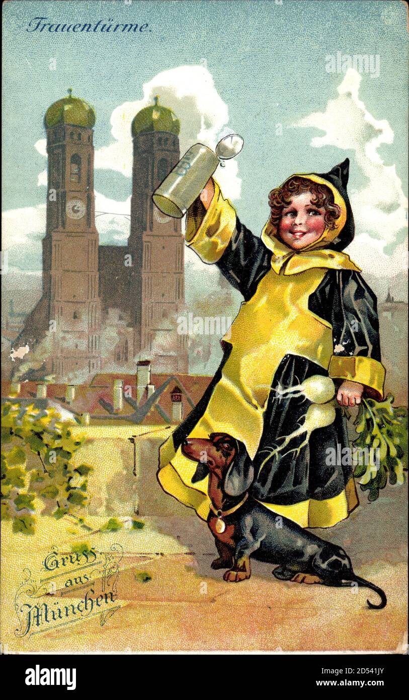 München Bayern, Frauentürme, Münchner Kindl mit Dackel | utilizzo in tutto il mondo Foto Stock