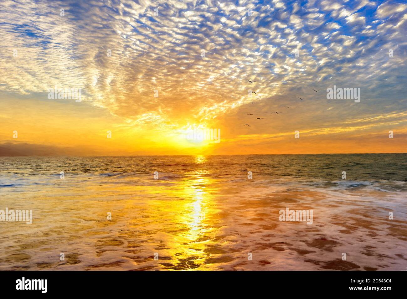 Un paesaggio colorato del tramonto sull'oceano come un'onda viene a. Il Beach Shore e gli uccelli volano verso il tramonto Foto Stock