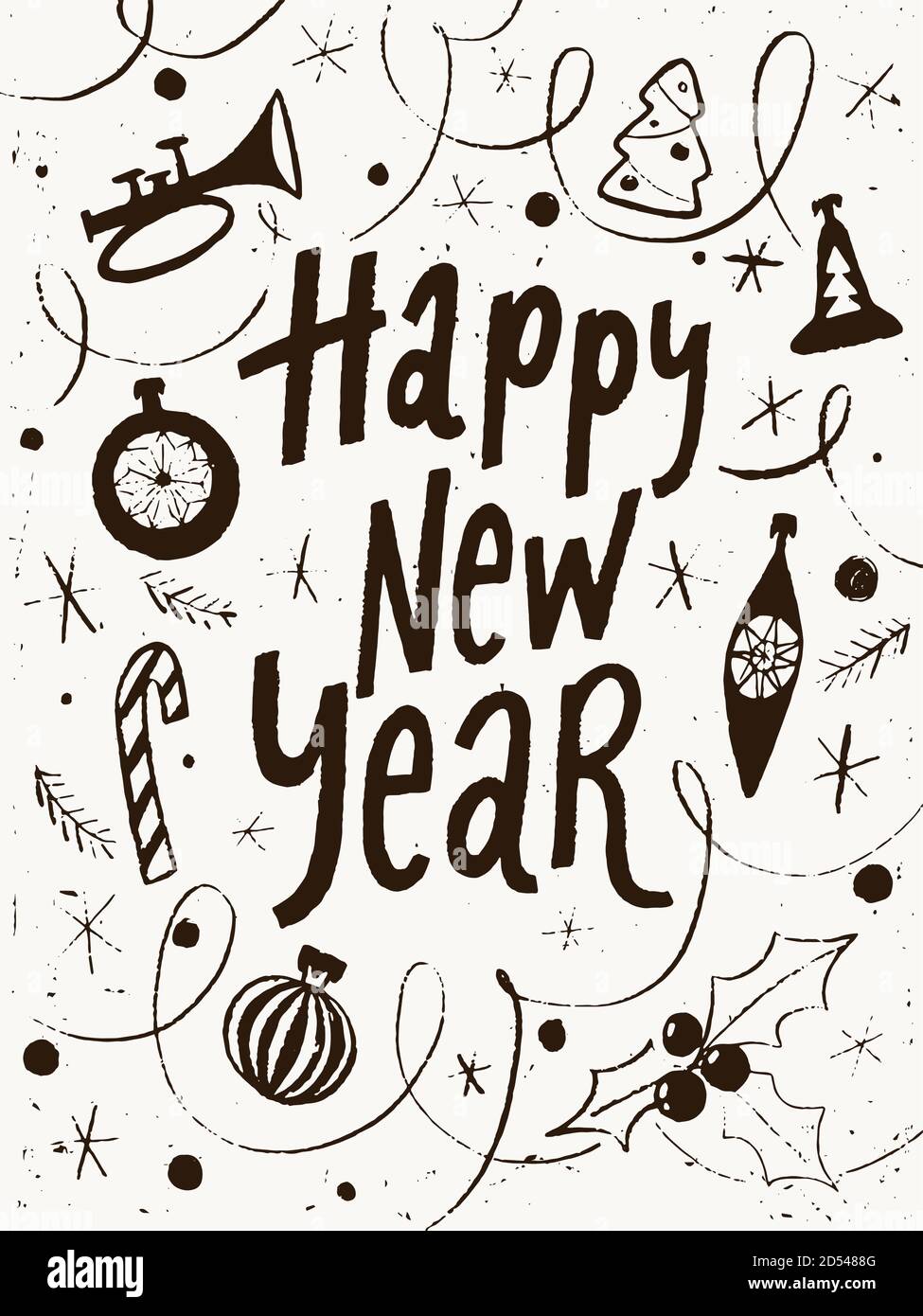 Poster vettoriale Happy New Year con simboli invernali e. lettere Illustrazione Vettoriale