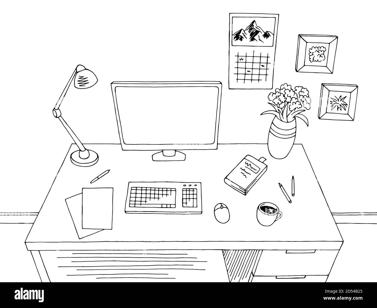 Grafico della tabella di Office grafico dello schizzo interno in bianco nero vettore di illustrazione Illustrazione Vettoriale