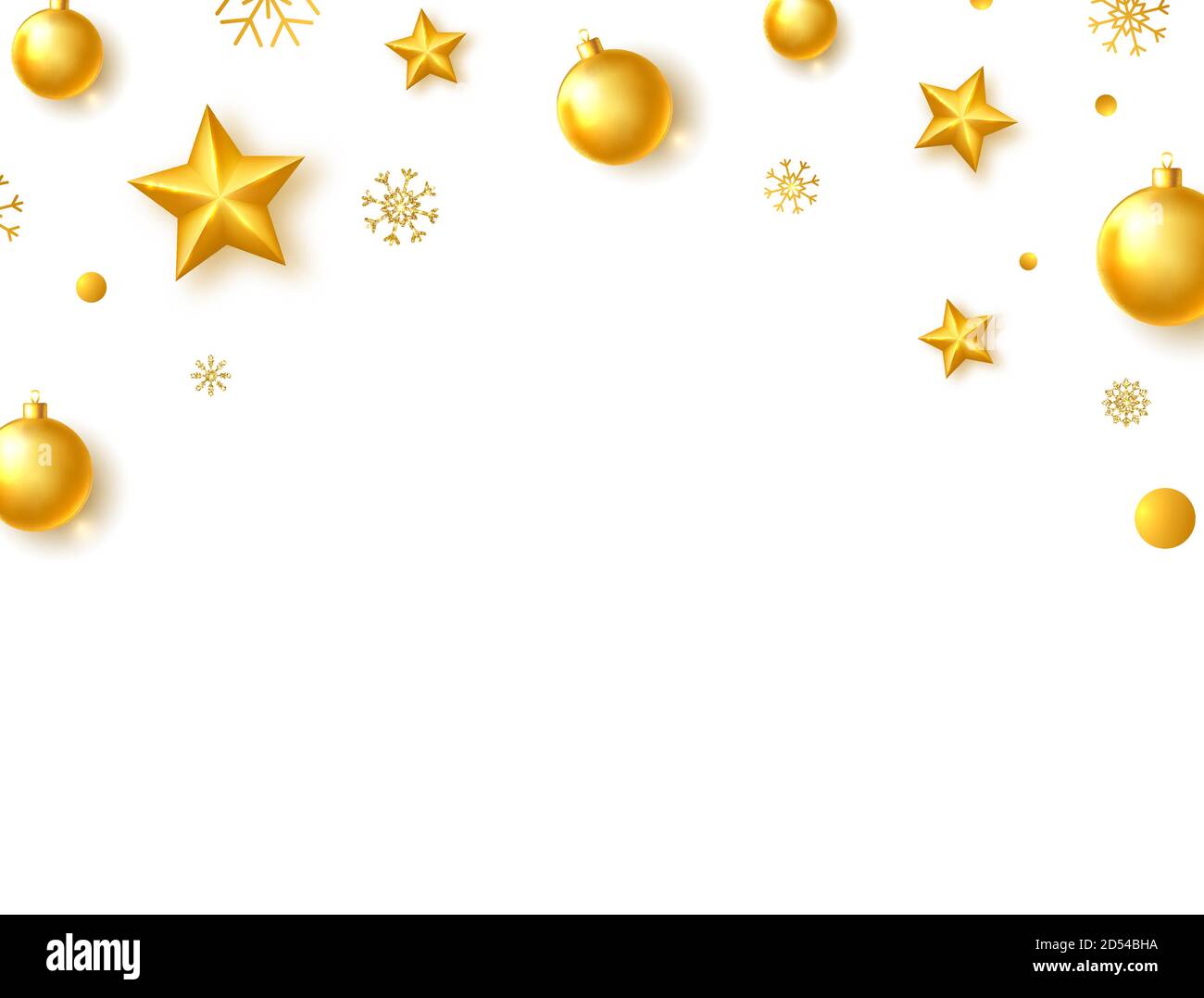 Confine festeggiamenti. Biglietto d'auguri natalizio con palline d'oro brillante, stelle e fiocchi di neve. Vacanza di lusso background. Elegante cornice di Capodanno. Realistico Illustrazione Vettoriale