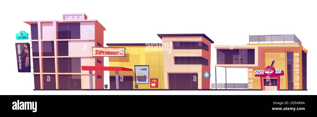 Negozi, negozi di abbigliamento di marca, supermercato, caffetteria e sushi bar facciata. Esterno dall'architettura moderna della citta', vista frontale del mercato isolata su sfondo bianco, illustrazione vettoriale di Cartoon Illustrazione Vettoriale