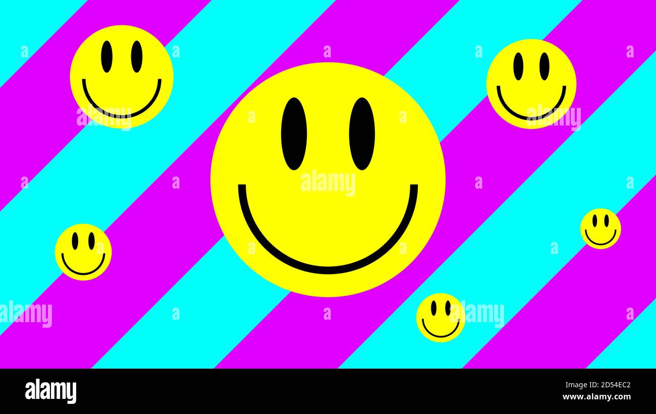Faccia sorridente. Poster LSD. Smile colorato digitale urbano. Sfondi di stile acido. Acid Smile su sfondo geometrico rosa e blu Illustrazione Vettoriale
