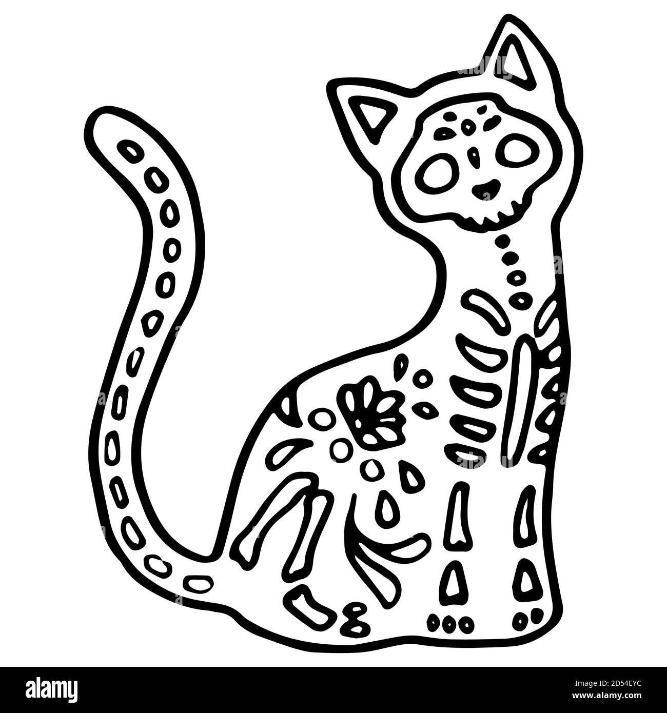 Contorno gatto tribale su sfondo bianco isolato. Giorno del simbolo morto per invito o carta regalo, taccuino, tegola da bagno, custodia per telefono o panno Illustrazione Vettoriale