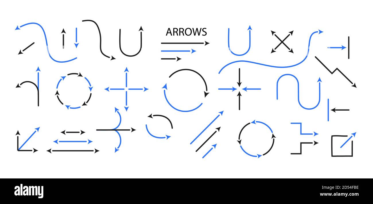 Grande set di frecce e direzioni segni. Linea sottile e freccia. Vettore nero e blu isolato su sfondo bianco. Modificare facilmente lo spessore delle linee. Illustrazione Vettoriale