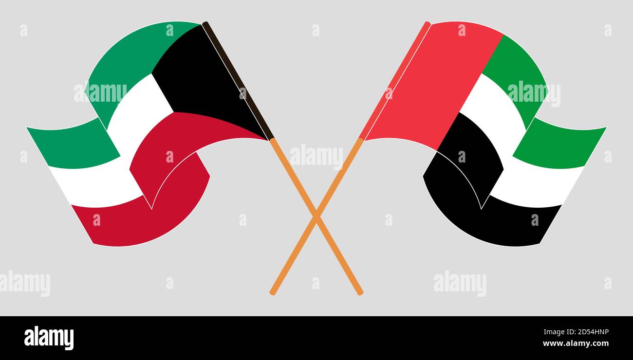 Bandiere incrociate e sventolanti del Kuwait e degli Emirati Arabi Uniti. Illustrazione vettoriale Illustrazione Vettoriale