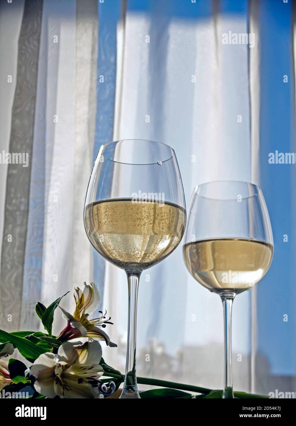 Bicchieri da vino con vino bianco con fiori e blu sfondo con spazio di copia Foto Stock