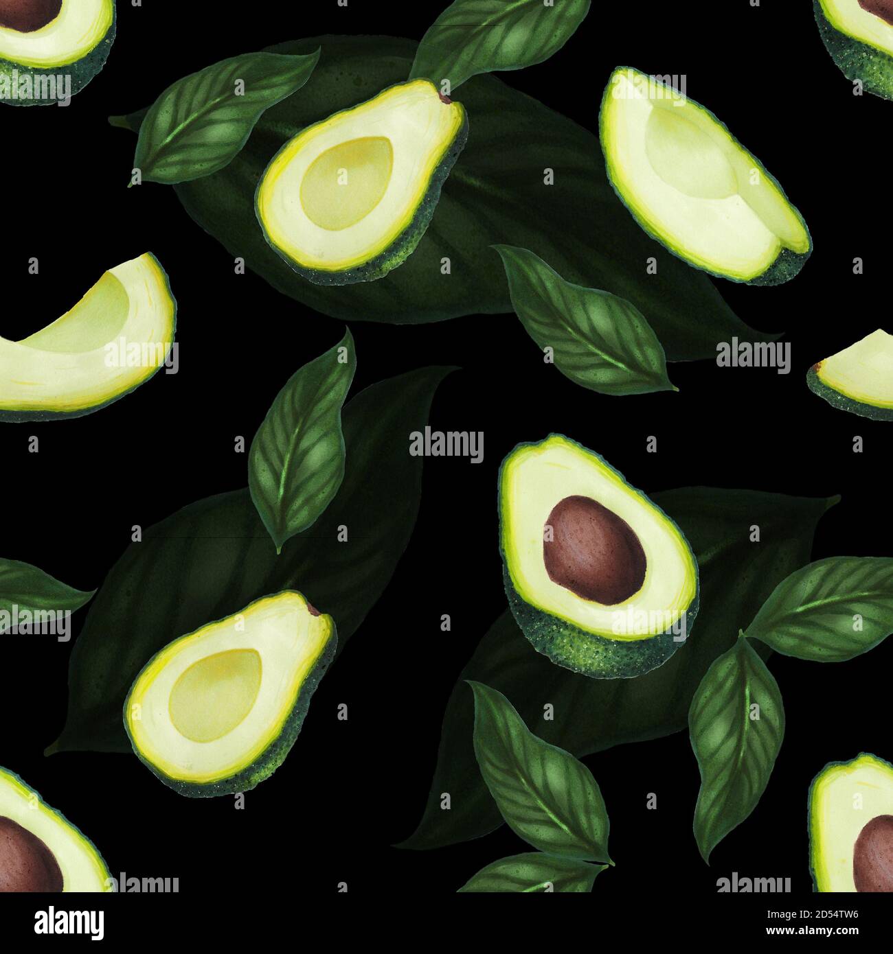 Modello senza cuciture con avocado e foglie. Disegno di mano di dieta del keto. Cibo biologico. Elementi decorativi per tessuti, carta da imballaggio o quaderni. Foto Stock