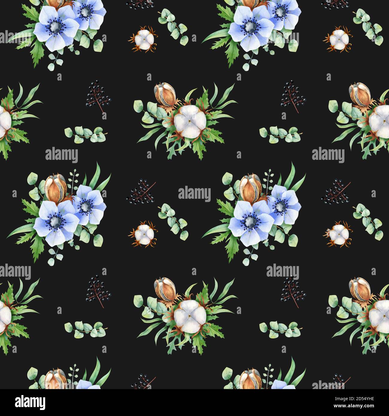 Modello senza cuciture di anemone con eucalipto e fiori di cotone per tessuto, invito al matrimonio, sfondi carte su nero Foto Stock