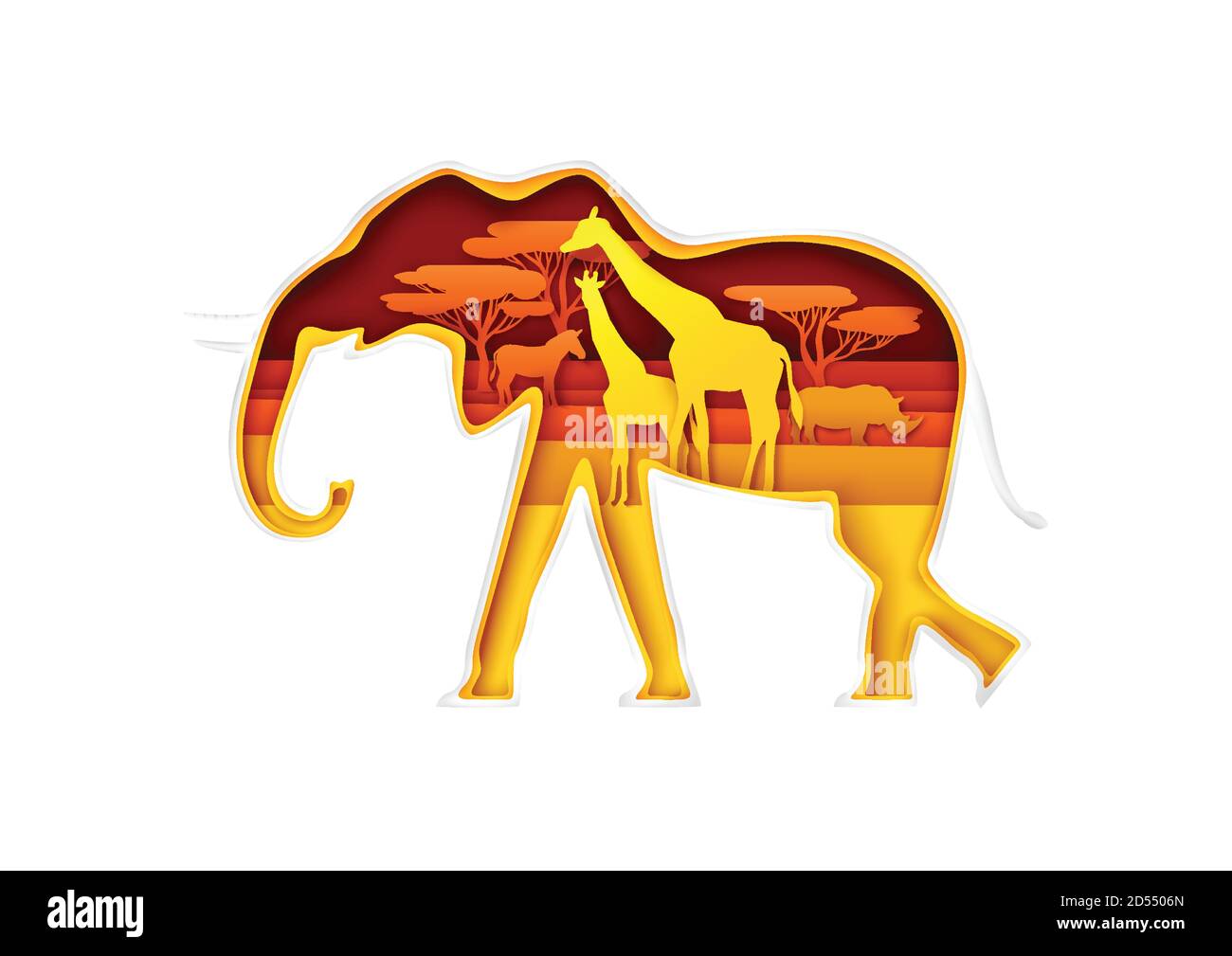 Silhouette di elefante con natura africana, famiglia di giraffe, rinoceronte, zebra all'interno, illustrazione vettoriale in stile arte della carta. Illustrazione Vettoriale