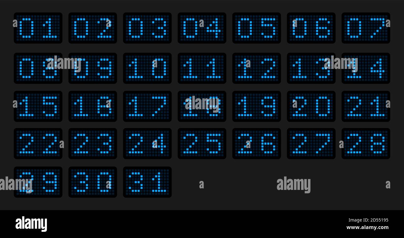 Numeri da 1 a 31 per un calendario o un evento sportivo sotto forma di tabellone elettronico in un bagliore blu. Illustrazione vettoriale. Illustrazione Vettoriale