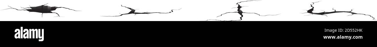 Crepe di terra impostate. Sisma e crepe di terra, effetto di buco, craquelure e tessuto di parete danneggiato. Le illustrazioni vettoriali possono essere utilizzate per argomenti quali terremoto, crash, distruzione Illustrazione Vettoriale