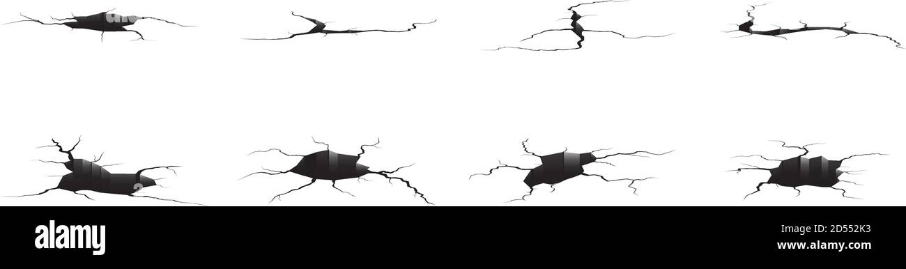 Crepe di terra impostate. Sisma e crepe di terra, effetto di buco, craquelure e tessuto di parete danneggiato. Le illustrazioni vettoriali possono essere utilizzate per argomenti quali terremoto, crash, distruzione Illustrazione Vettoriale