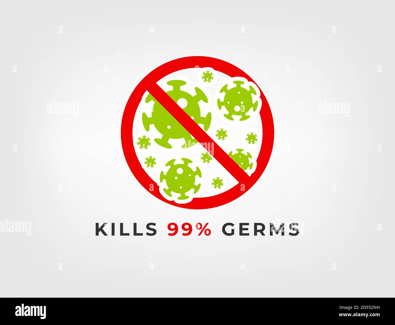 Uccidi 99% germi di virus corona modello vettore concettuale con germi, COVID-19 bloccato da un segno croce. Con spazio per la copia. Lavaggio a mano Illustrazione Vettoriale