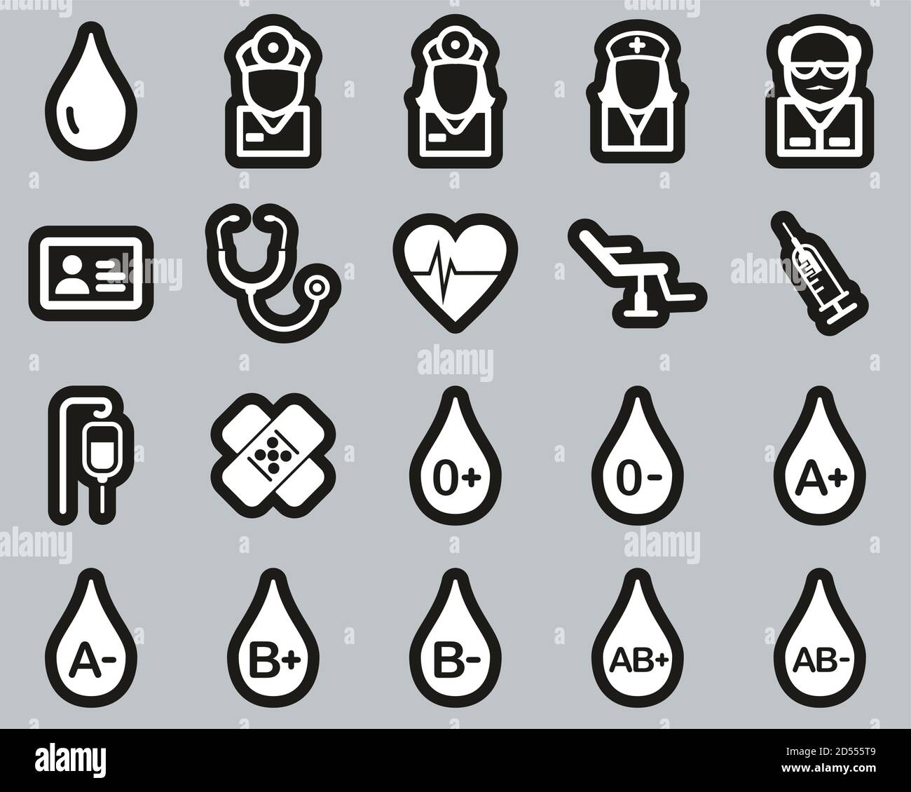 Tipi di sangue o icone di donazione di sangue bianco su adesivo nero Imposta grande Illustrazione Vettoriale