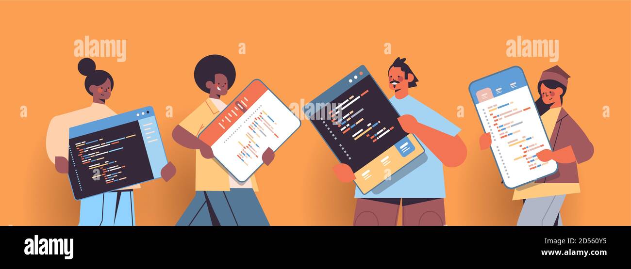 mix di sviluppatori web di razza creazione di codice programma di sviluppo di software e programmazione concetto verticale orizzontale copia spazio vettore illustrazione Illustrazione Vettoriale