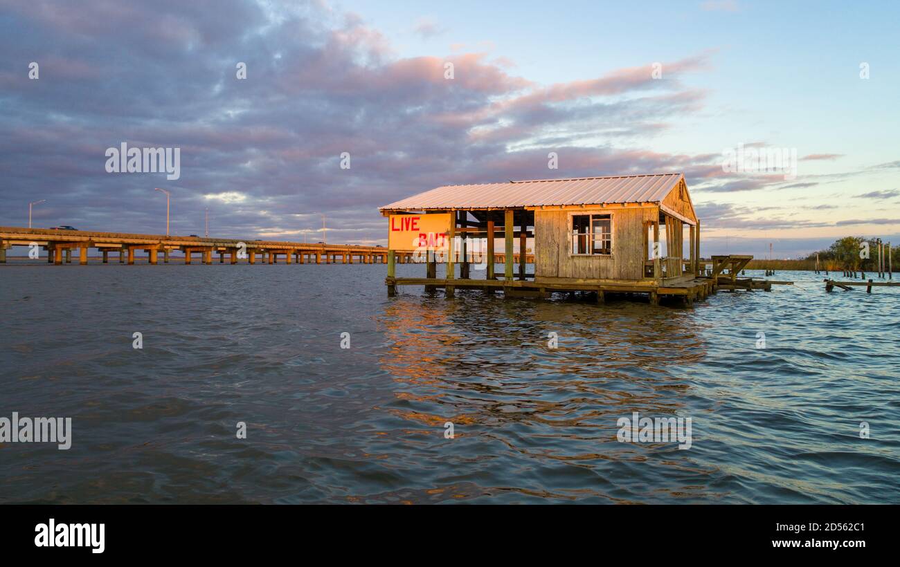 Live esca Shack sulla Mobile Bay Causeway Foto Stock