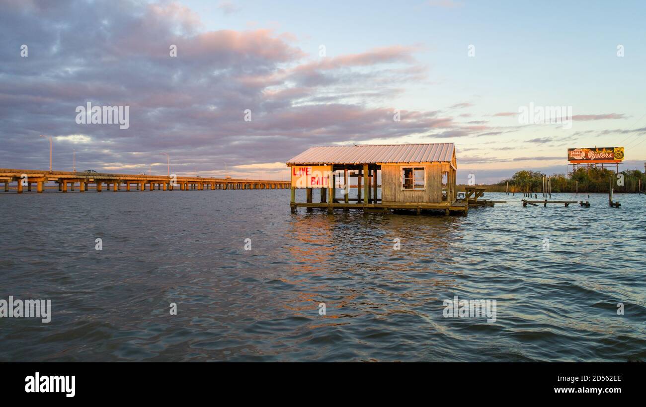 Live esca Shack sulla Mobile Bay Causeway Foto Stock