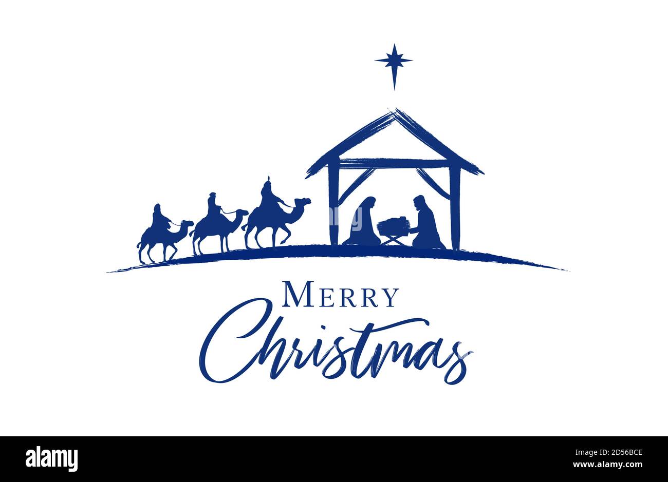 Nascita di Cristo, Gesù bambino che raggiunge i Magi portano doni, tre saggi re e stella di betlemme, presepio natale grafica design. Vettore Illustrazione Vettoriale