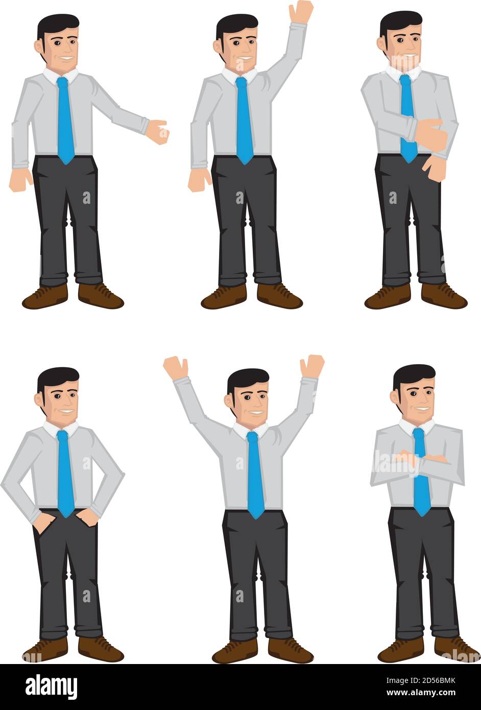 Insieme di sei icone vettoriali a corpo pieno cartone bianco colletto dirigenti aziendali di sesso maschile a colori isolati su sfondo bianco Illustrazione Vettoriale