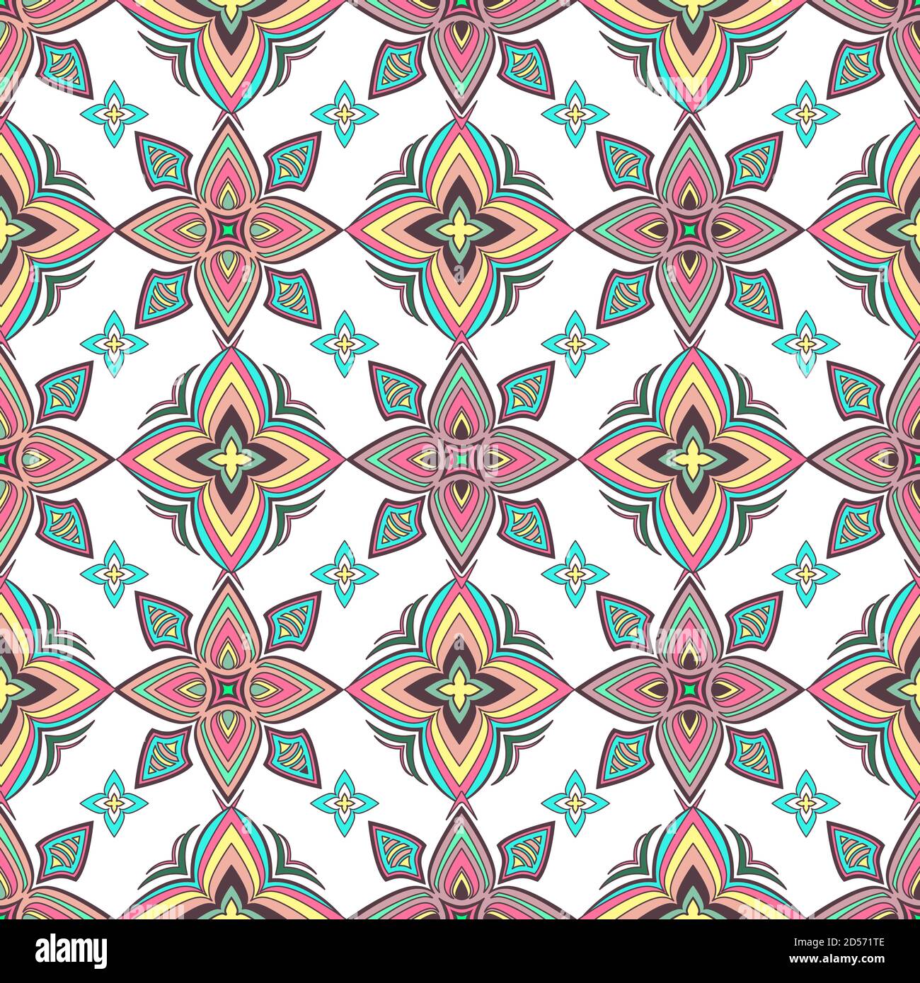 Abstract ornamento colorato, curva orientale vorticosa motivo senza cuciture con fiori e ricci, apertura. Tracciante multicolore su sfondo bianco, per Illustrazione Vettoriale