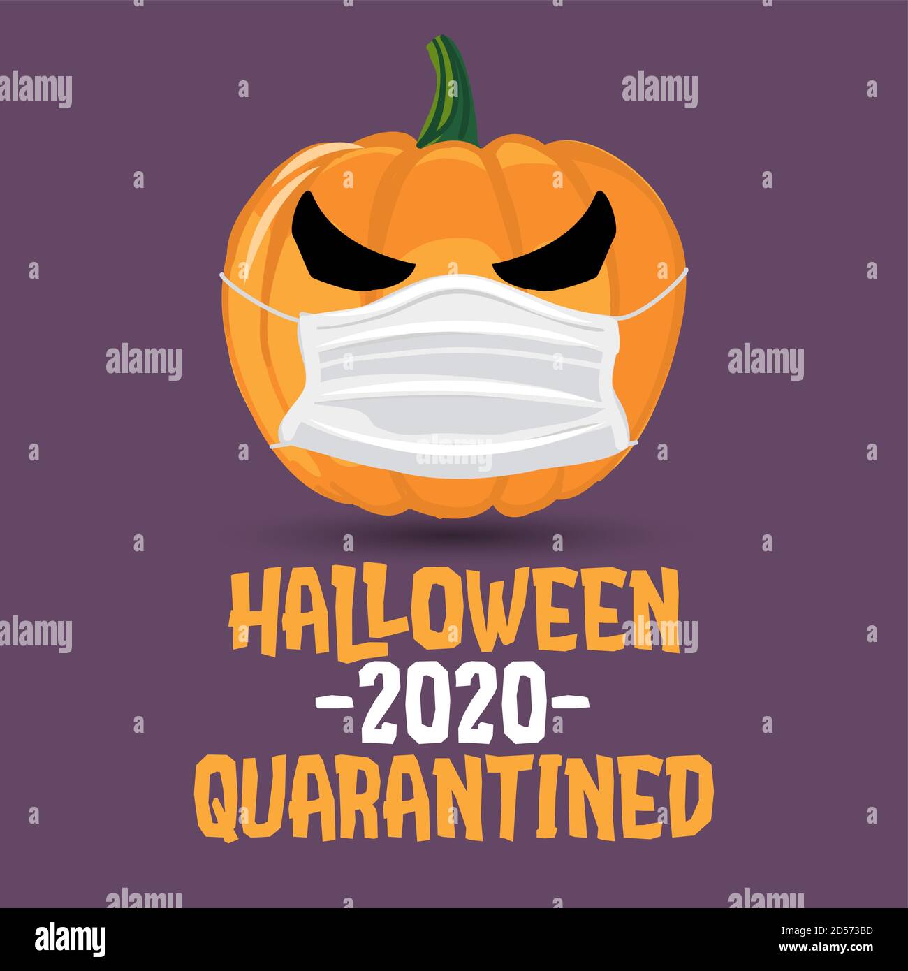 Halloween 2020 Quarantined - divertente lanterna di zucca illustrazione in maschera, stampa. Vettore umoristico illustrazione con cute zucca con maschera facciale. Bene Illustrazione Vettoriale