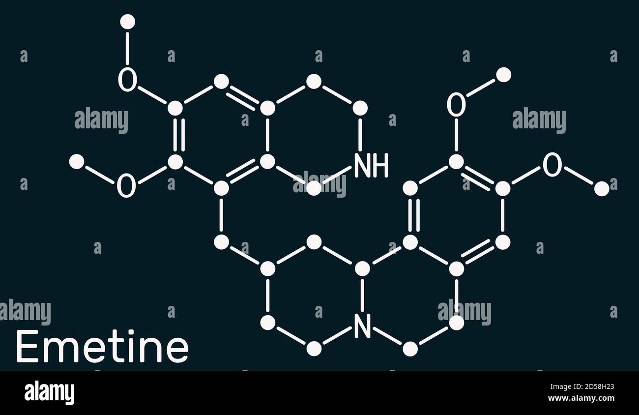 Molecola emetinica. È un agente antiprotozoico ed emetico. Formula chimica scheletrica su sfondo blu scuro. Illustrazione Foto Stock