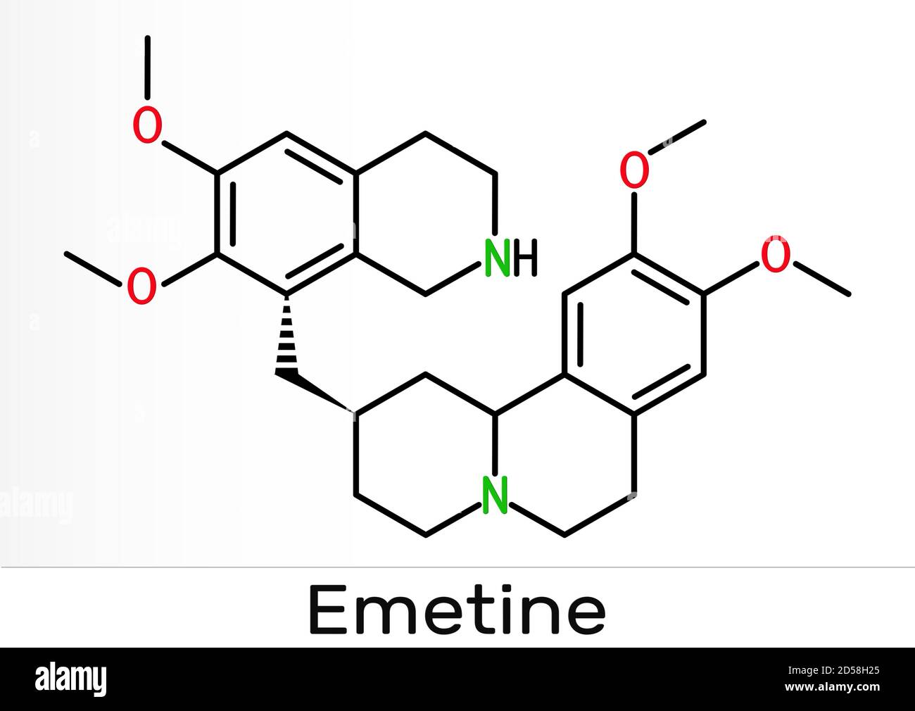 Molecola emetinica. È un agente antiprotozoico ed emetico. Formula chimica scheletrica. Illustrazione Foto Stock