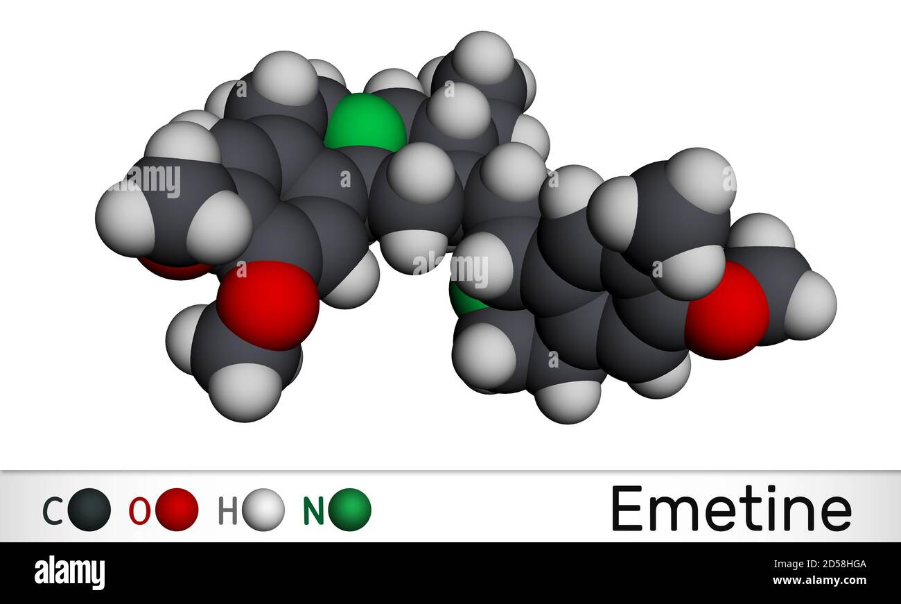 Molecola emetinica. È un agente antiprotozoico ed emetico. Modello molecolare. Rendering 3D Foto Stock