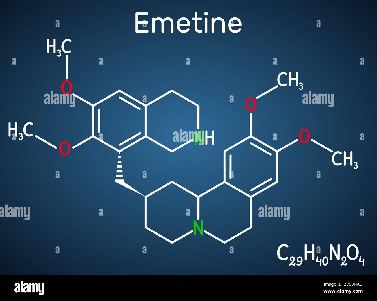 Molecola emetinica. È un agente antiprotozoico ed emetico. Formula chimica strutturale su sfondo blu scuro. Illustrazione vettoriale Illustrazione Vettoriale