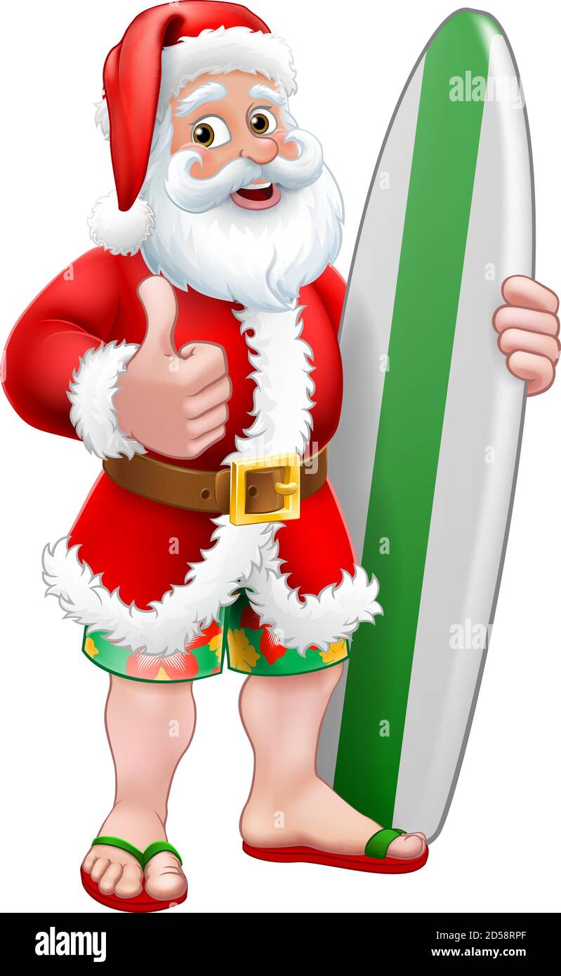 Surf Santa con Surfboard Natale Cartoon Illustrazione Vettoriale