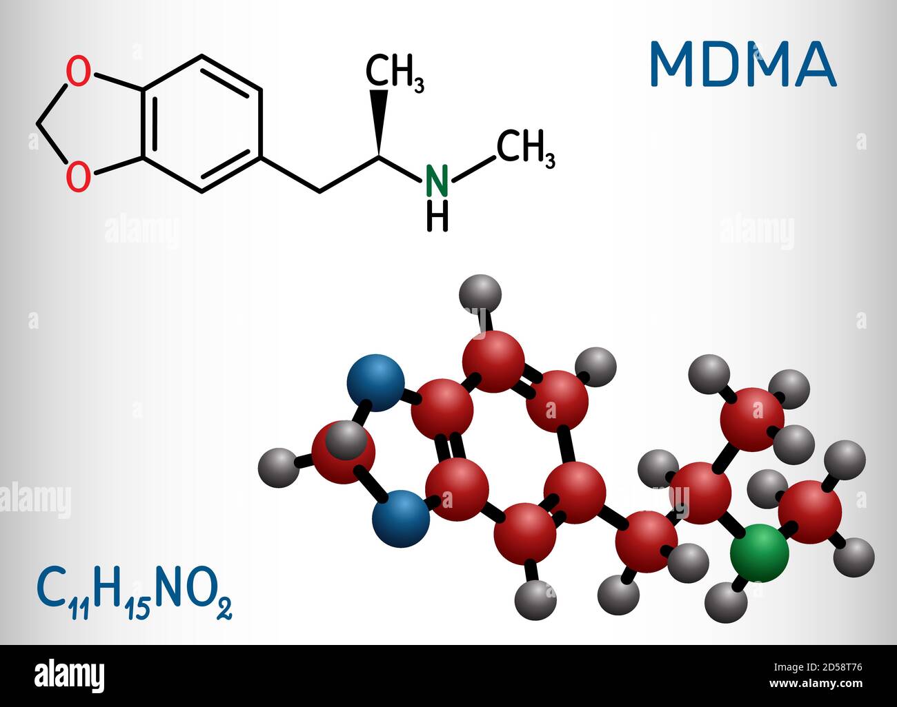 3,4-metilendiossimetamfetamina, MDMA, XTC, molecola di ecstasy. È psicoattivo, allucinogeno farmaco. Formula chimica strutturale e modello molecolare. Illustrazione Vettoriale
