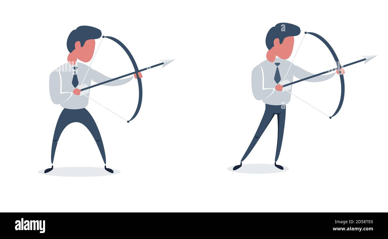 Ritratto a lunghezza intera di un giovane uomo d'affari con un arco e una freccia isolati su sfondo bianco. Impostazione. Illustrazione del design piatto. Illustrazione Vettoriale