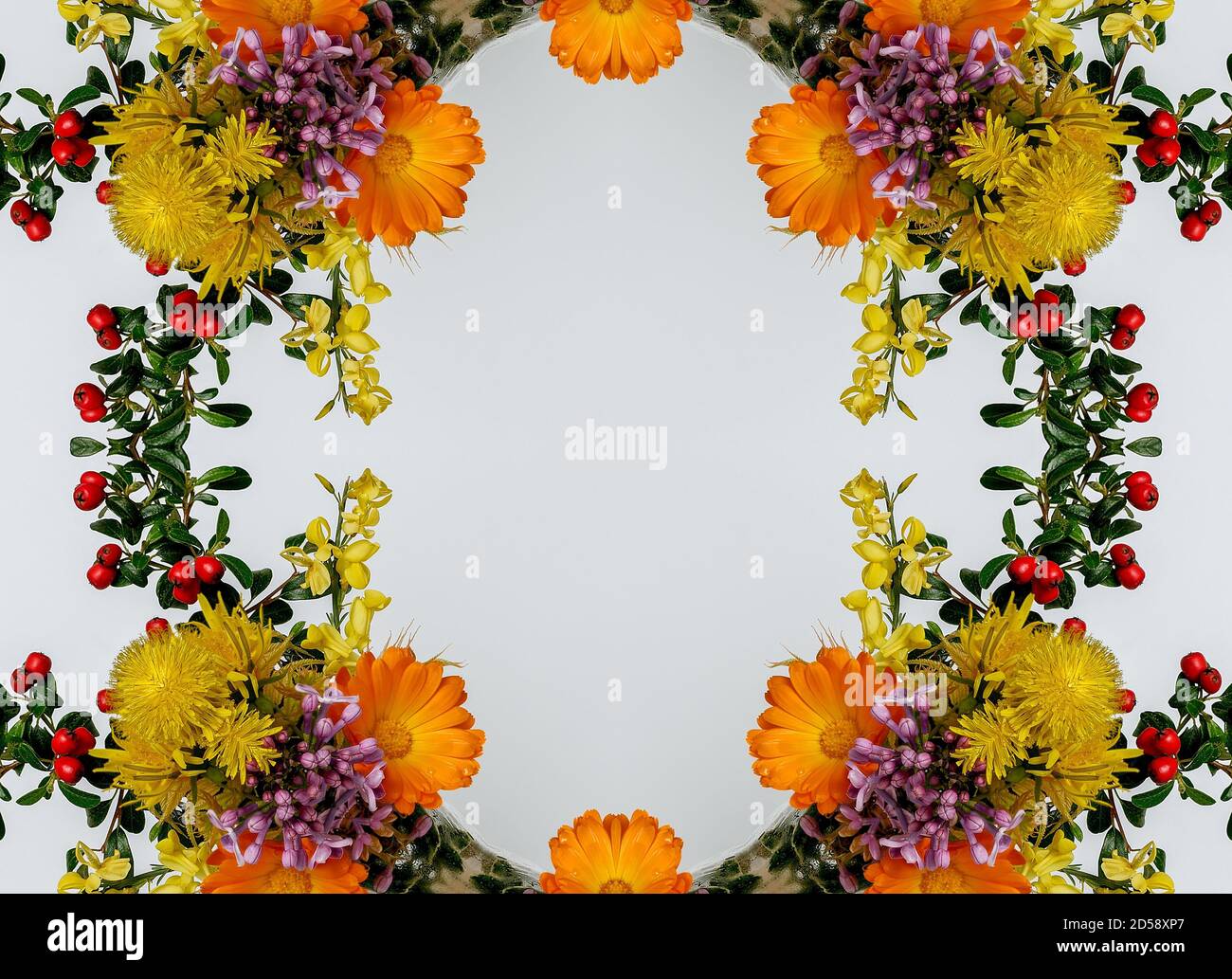 fiori , effetto visivo di uno specchio, spazio per l'inserimento del testo, carta da parati astratta, piena di colori, strani ornamenti e forme, sfondo con bella geo Foto Stock