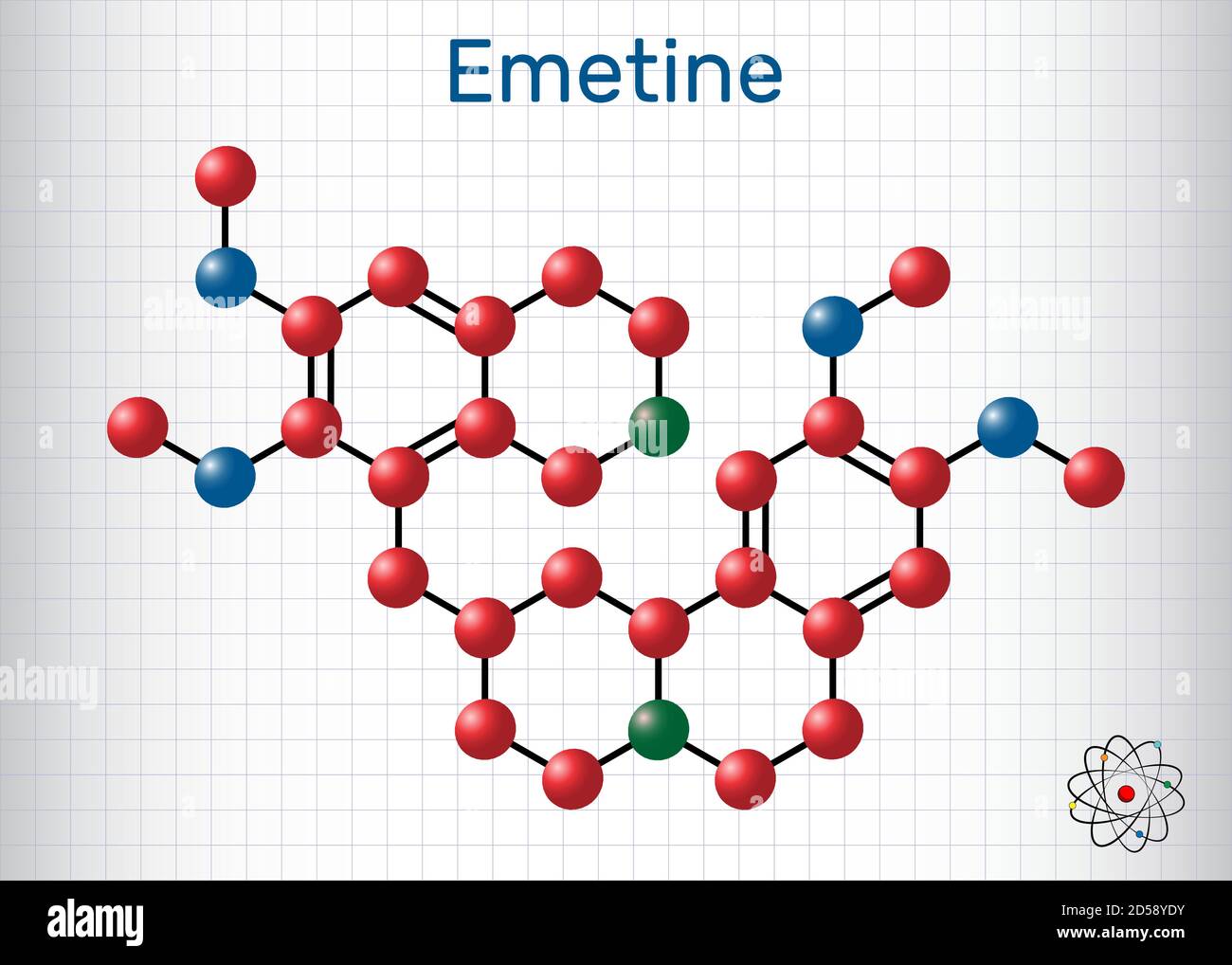 Molecola emetinica. È un agente antiprotozoico ed emetico. Formula chimica strutturale e modello molecolare. Foglio di carta in gabbia. Vettore illustrati Illustrazione Vettoriale