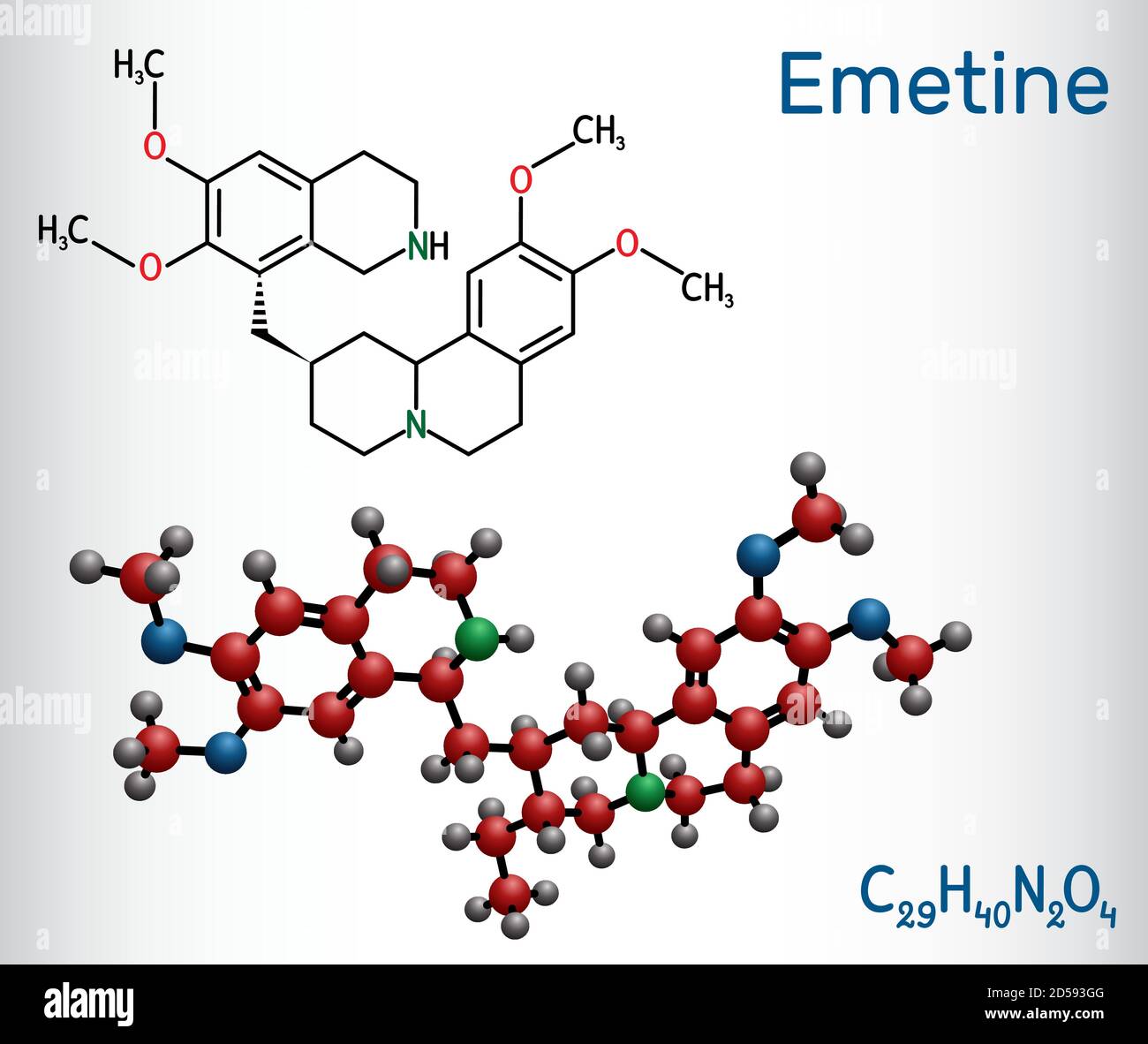 Molecola emetinica. È un agente antiprotozoico ed emetico. Formula chimica strutturale e modello molecolare. Illustrazione vettoriale Illustrazione Vettoriale