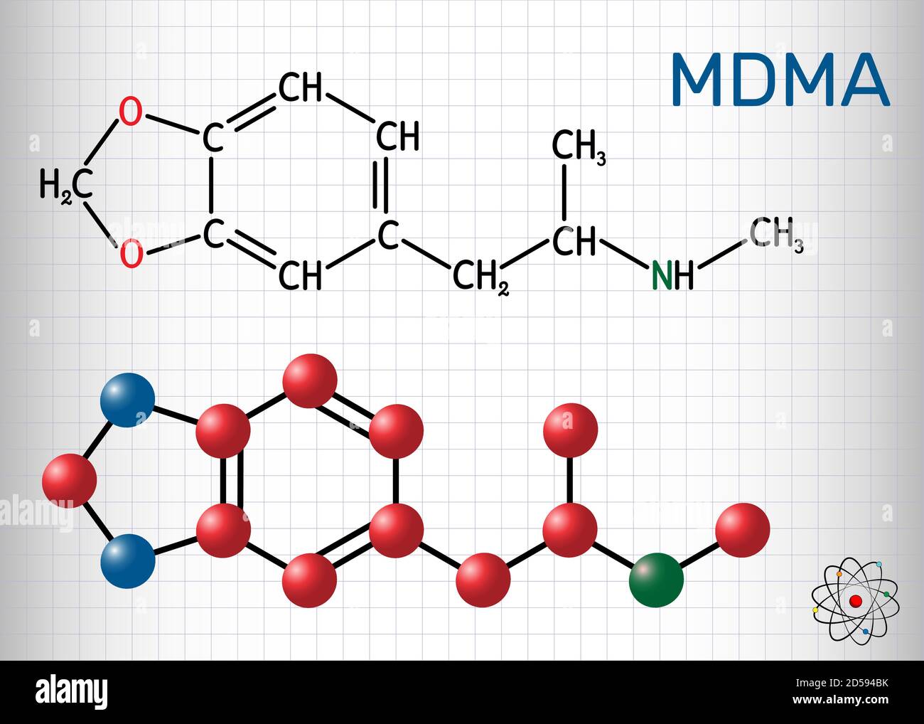 3,4-metilendiossimetamfetamina, MDMA, XTC, molecola di ecstasy. È psicoattivo, allucinogeno farmaco. Formula chimica strutturale e modello molecolare. Illustrazione Vettoriale