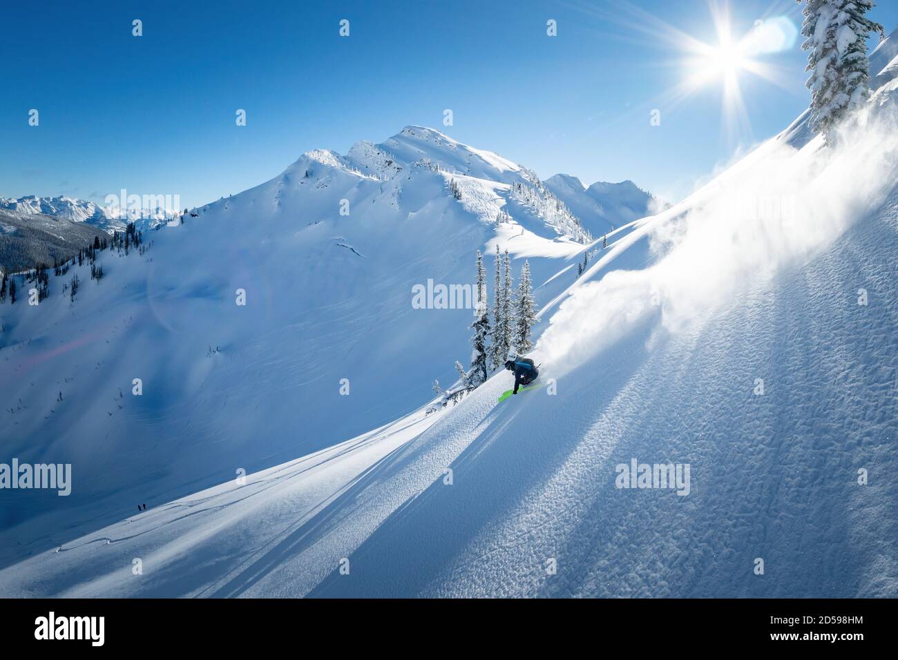Donna che sciava in neve profonda nel backcountry, Kootenays, British Columbia, Canada Foto Stock