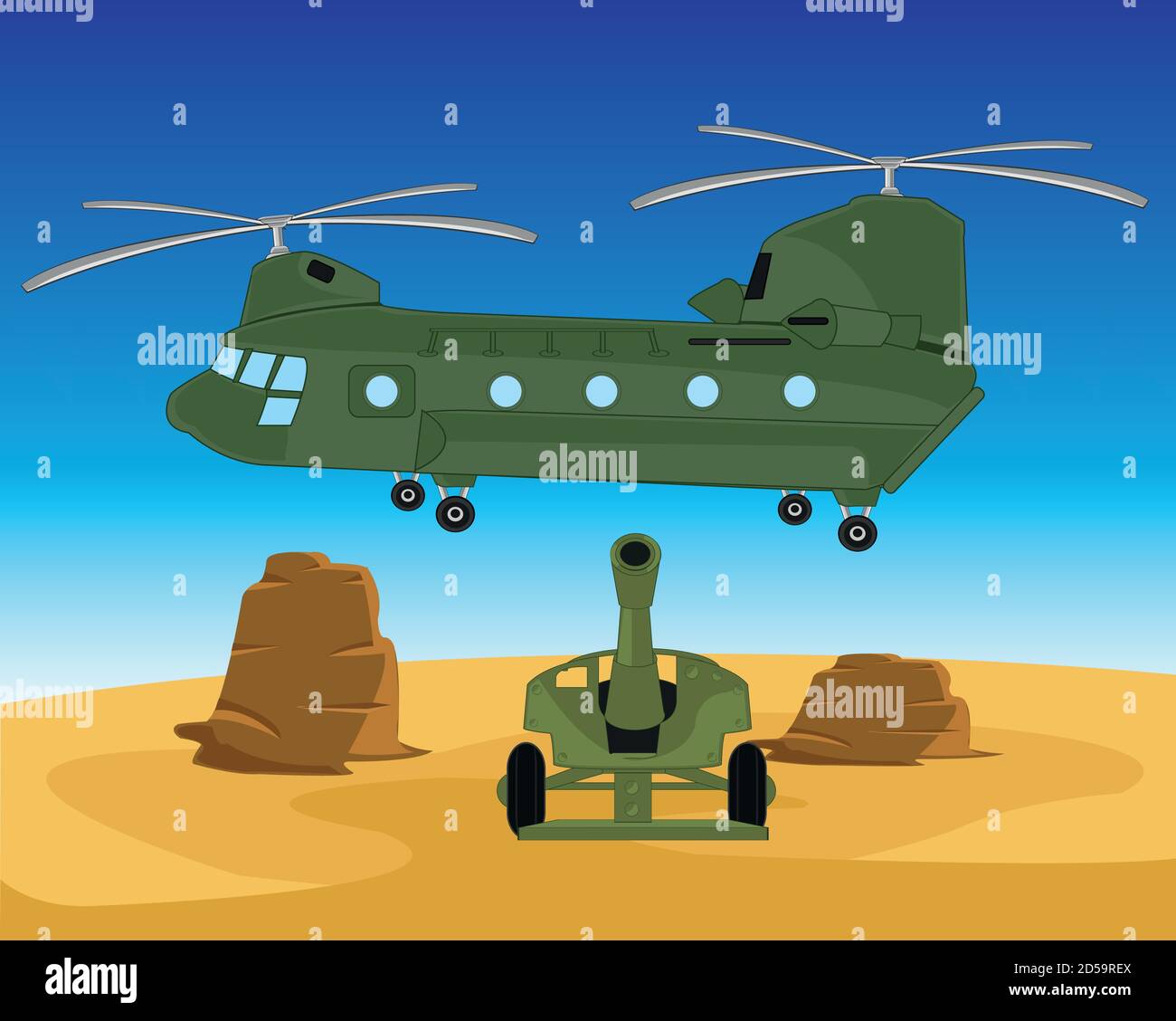 Elicottero militare e pistola nel deserto caldo Illustrazione Vettoriale