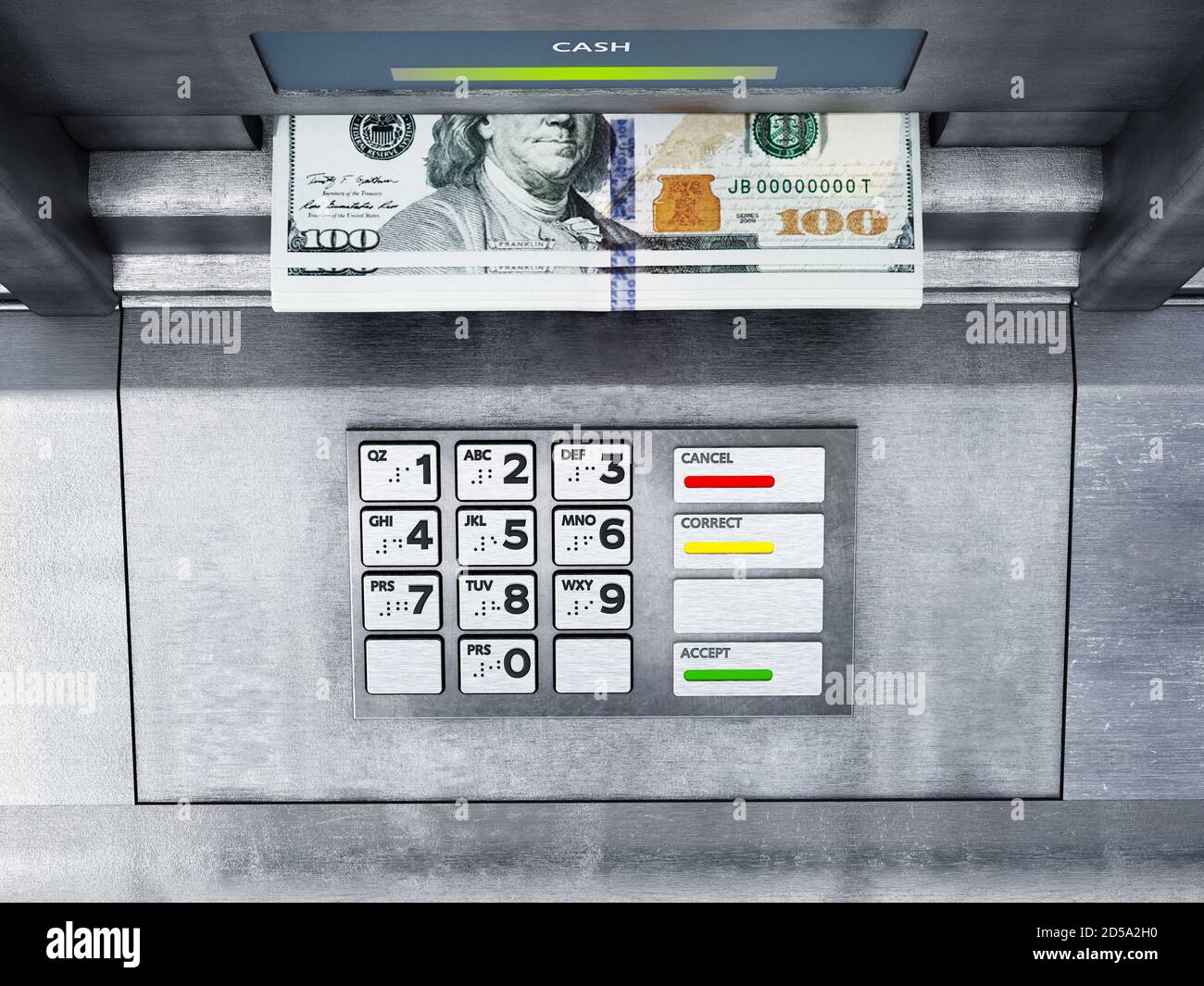 Bancomat con bankroll dollaro. Illustrazione 3D, Foto Stock