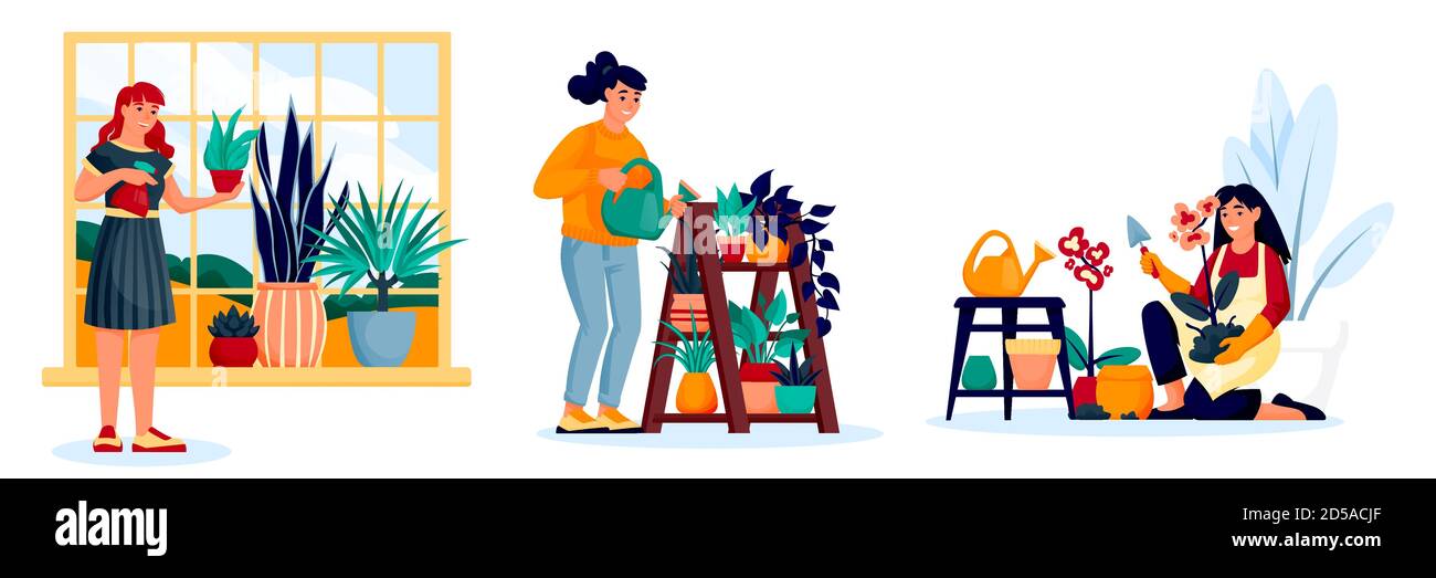 Le ragazze coltivano e fiori d'acqua, piante in vaso casa. I personaggi femminili sono isolati su sfondo bianco. Illustrazione vettoriale. Cura delle piante domestiche, garde Illustrazione Vettoriale