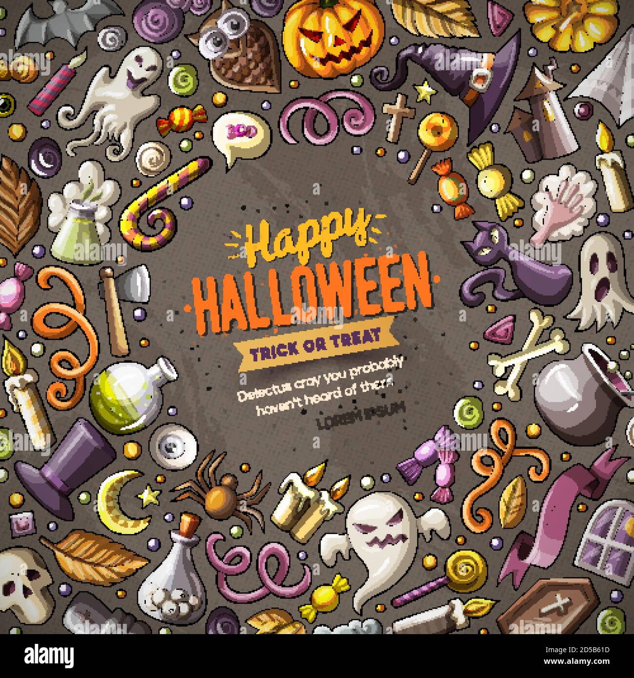 Cartoon vettore doodles Happy Halloween cornice card design Illustrazione Vettoriale